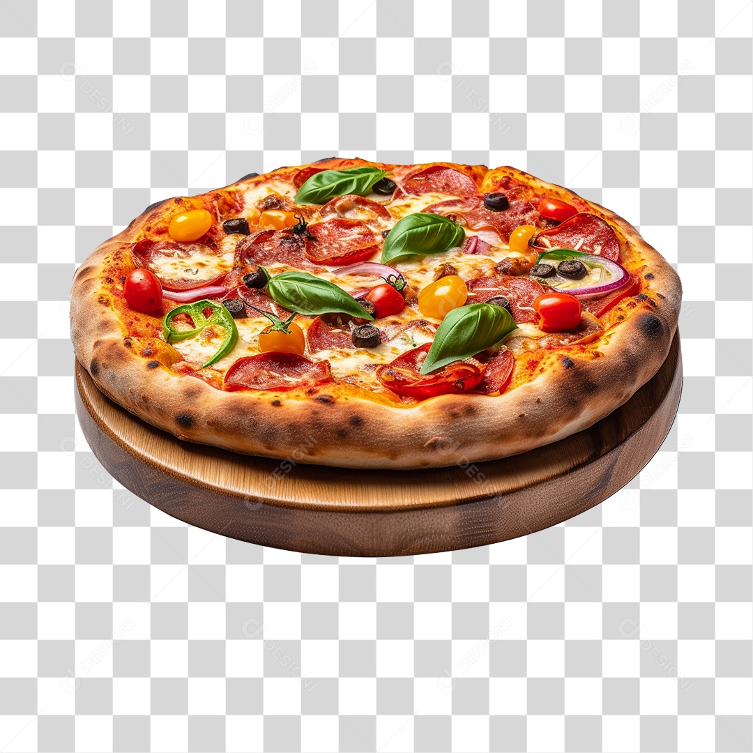 Deliciosa Pizza Sobre Tábua de Madeira PNG Transparente