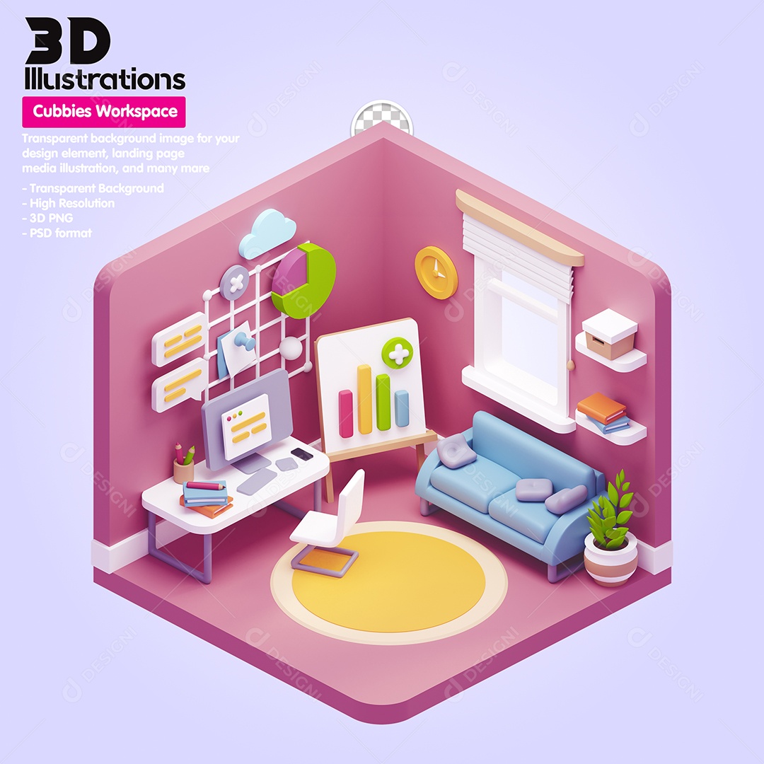 Cubículo De Trabalho Home Office Elemento 3D Para Composição PSD