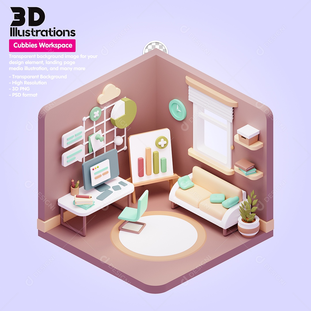 Cubículo De Trabalho Home Office Elemento 3D Para Composição PSD