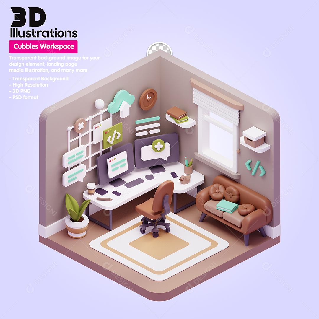 Cubículo De Trabalho Home Office Elemento 3D Para Composição PSD