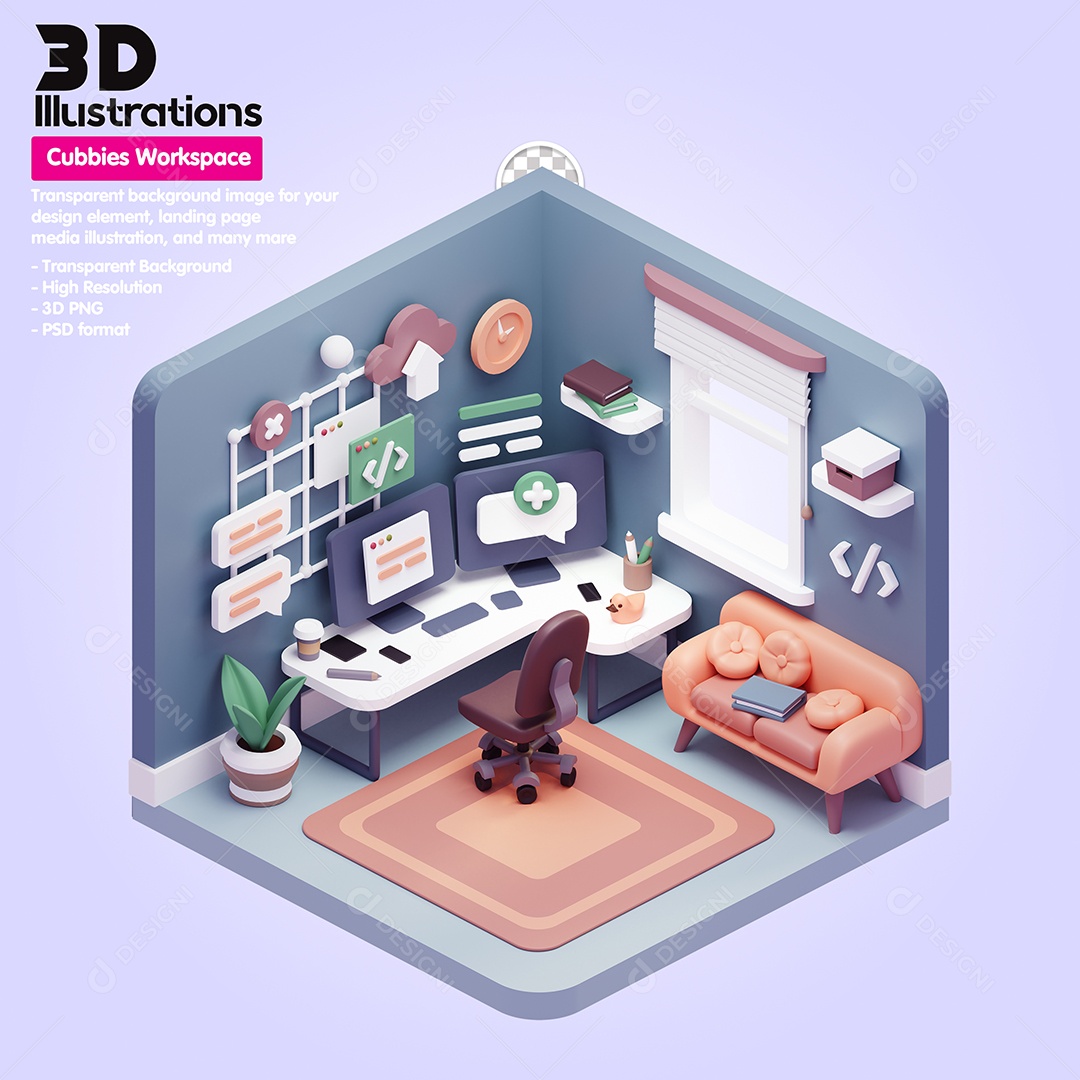 Cubículo De Trabalho Home Office Elemento 3D Para Composição PSD