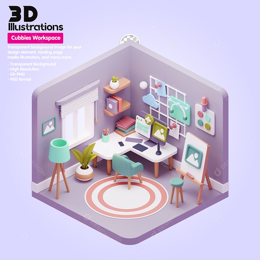 Cubículo De Trabalho Home Office Elemento 3D Para Composição PSD