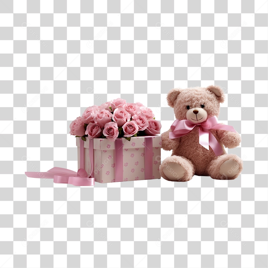 Lindas flores ao lado de urso de pelúcia PNG Transparente