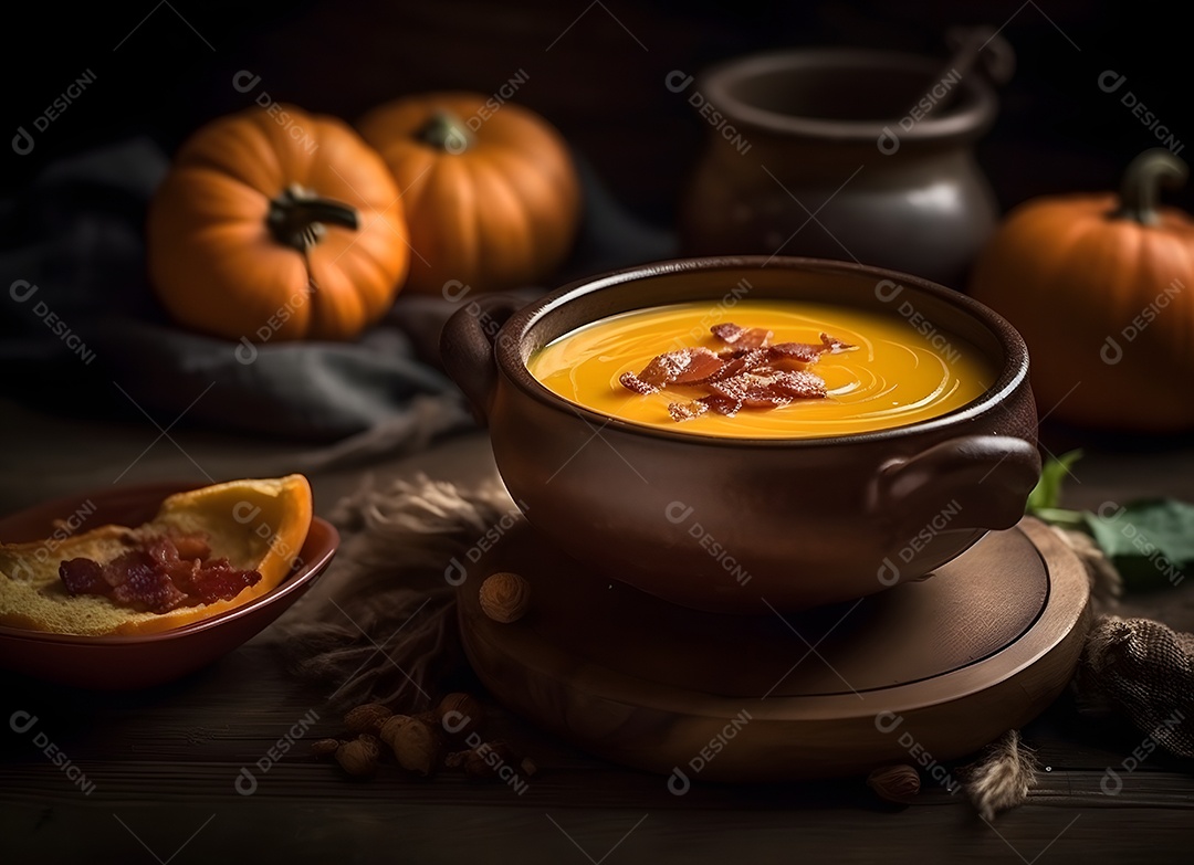 Delicioso caldo de abóbora na tigela de barro