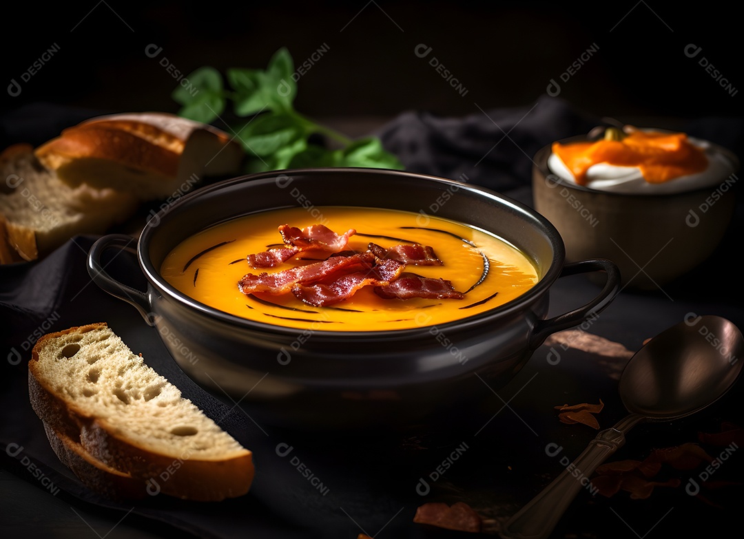 Delicioso caldo de abóbora na tigela de barro