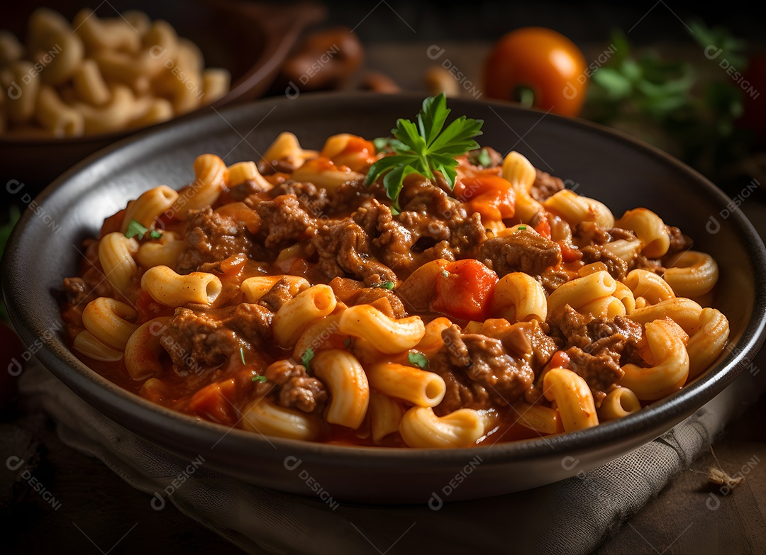 Deliciosa refeição de macarrão com carne em panela de barro