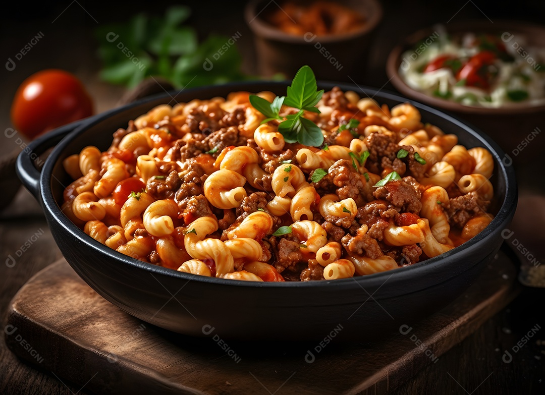 Deliciosa refeição de macarrão com carne em panela de barro