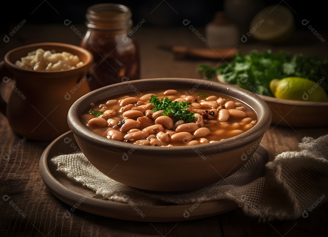 Delicioso caldo de feijão em panela de barro