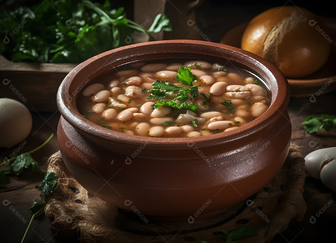 Delicioso caldo de feijão em panela de barro