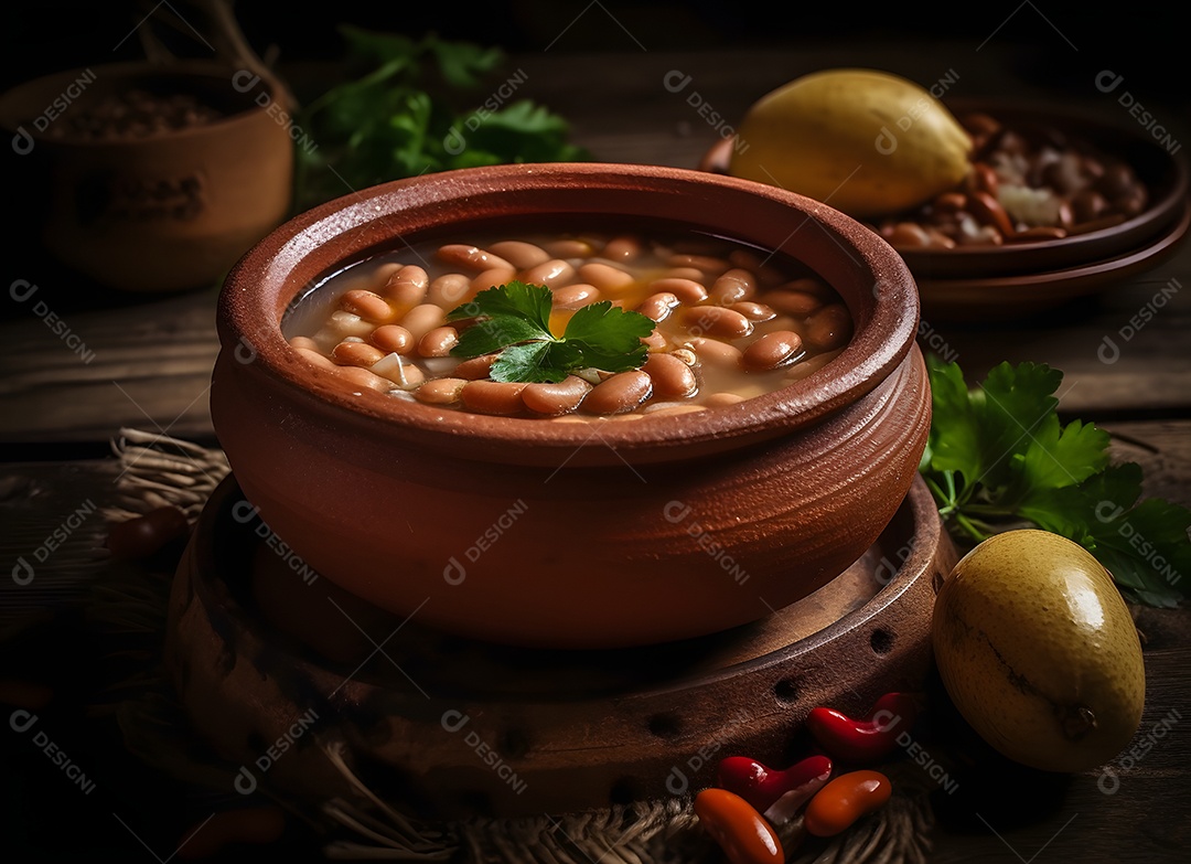 Delicioso caldo de feijão em panela de barro