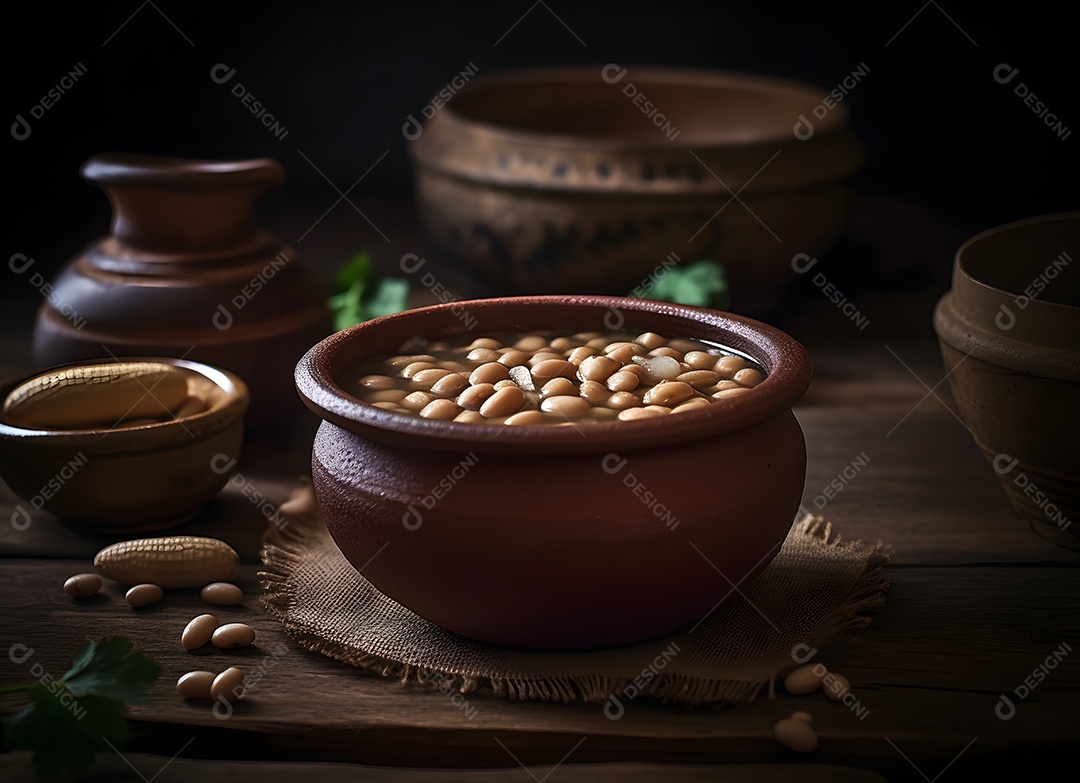 Delicioso caldo de feijão em panela de barro