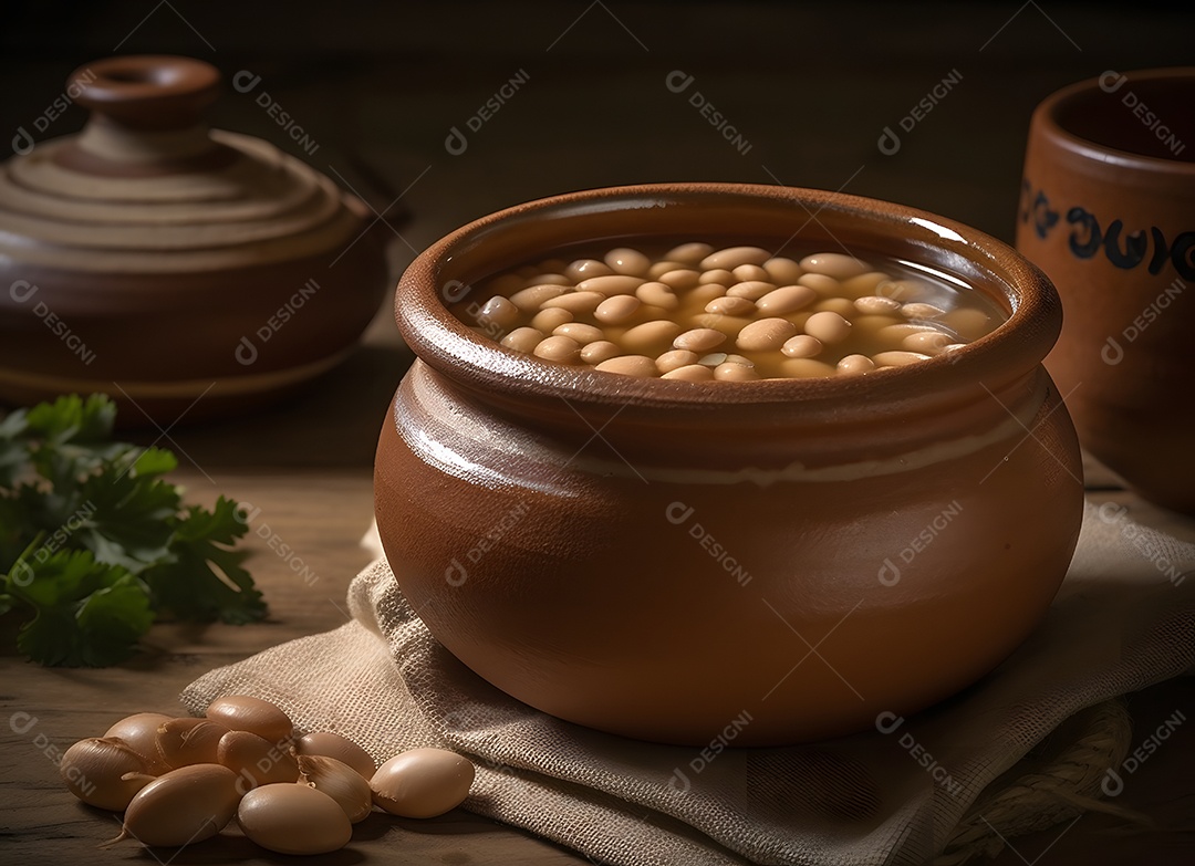 Delicioso caldo de feijão em panela de barro