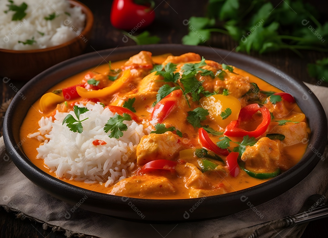 Deliciosa moqueca com arroz sobre prato preto