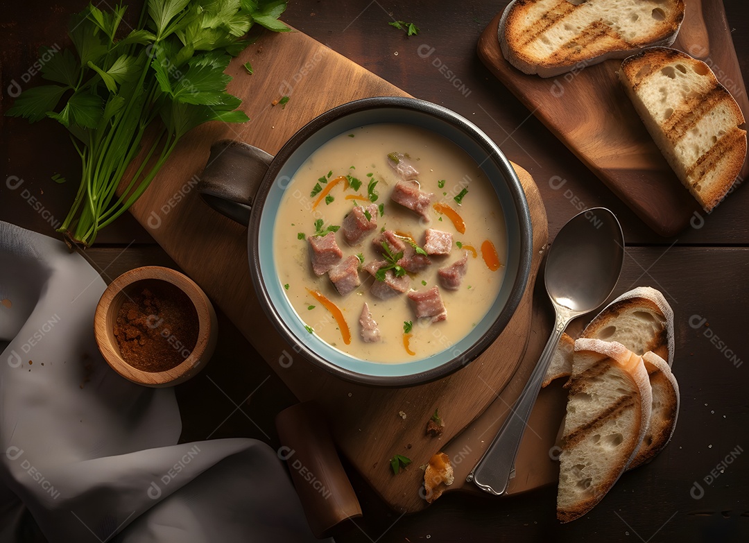 Delicioso calde de mandioca com acompanhamentos