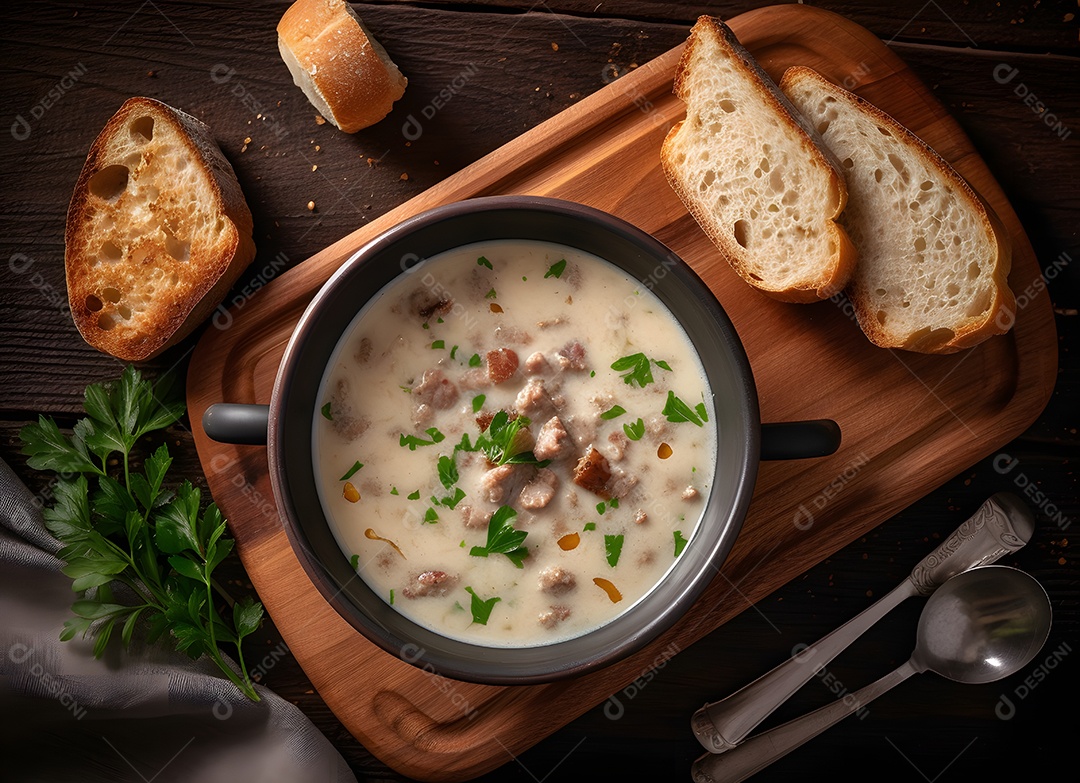 Delicioso calde de mandioca com acompanhamentos