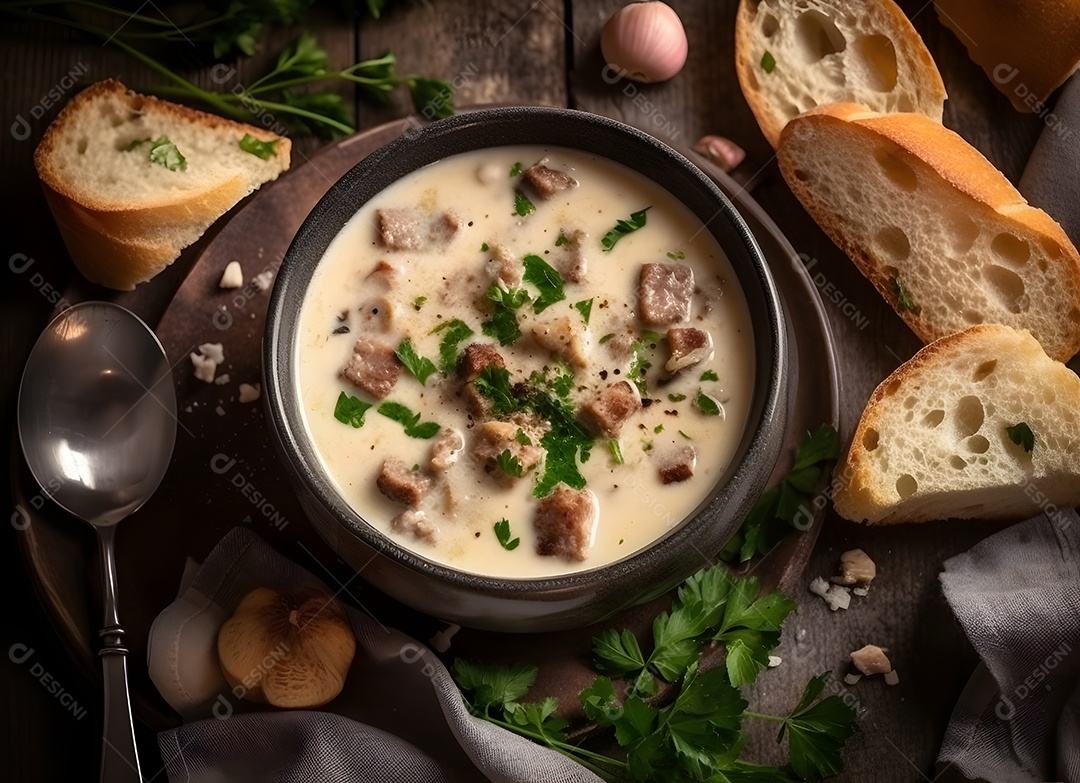 Delicioso calde de mandioca com acompanhamentos