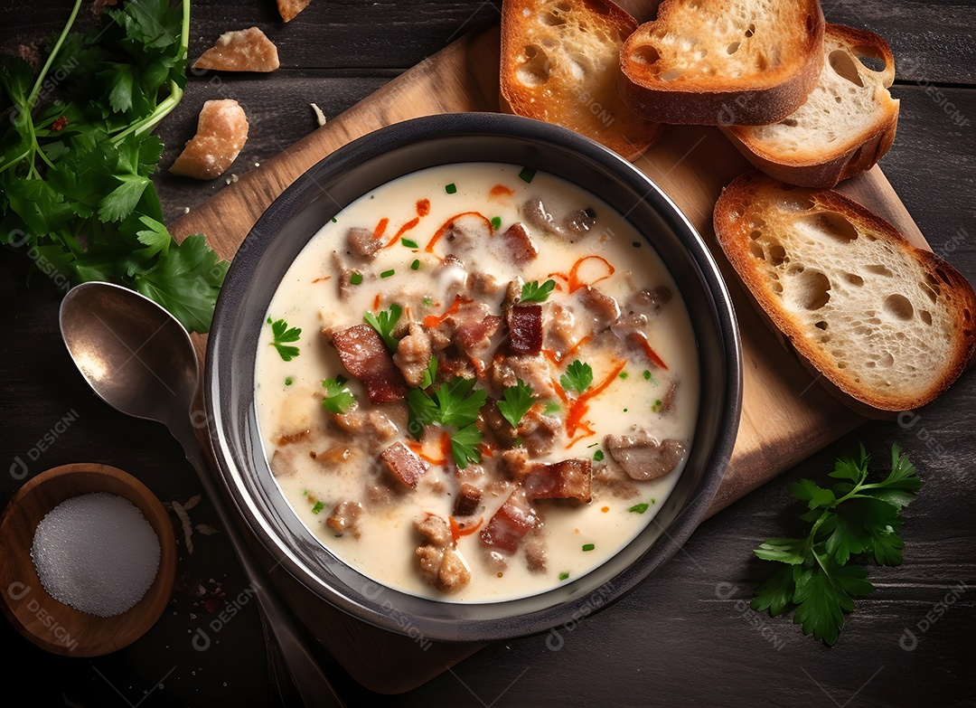 Delicioso calde de mandioca com acompanhamentos