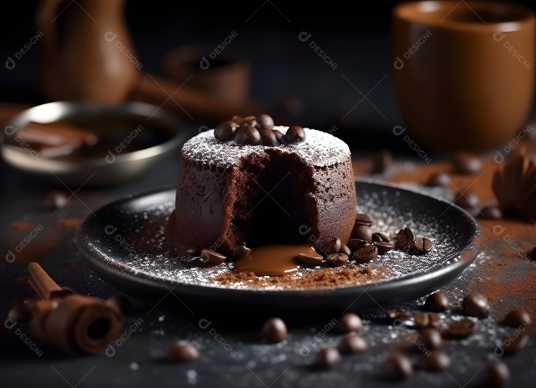 Sobremesa de Petit Gateau com calda de chocolate