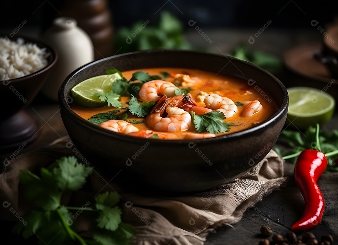 Deliciosa sopa de camarão sobre a mesa