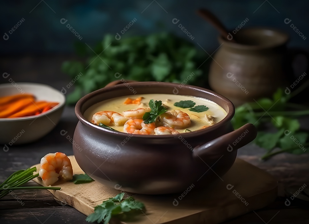 Deliciosa sopa de camarão sobre a mesa