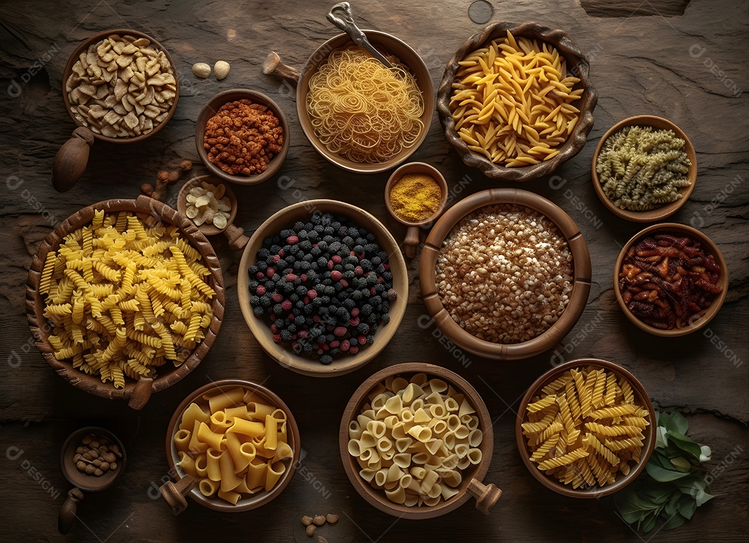 Diferentes variedades de macarrão em tigelas sobre a mesa