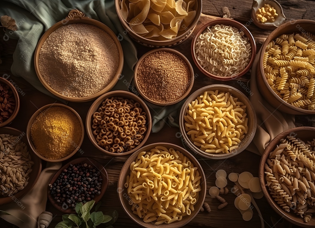 Diferentes variedades de macarrão em tigelas sobre a mesa