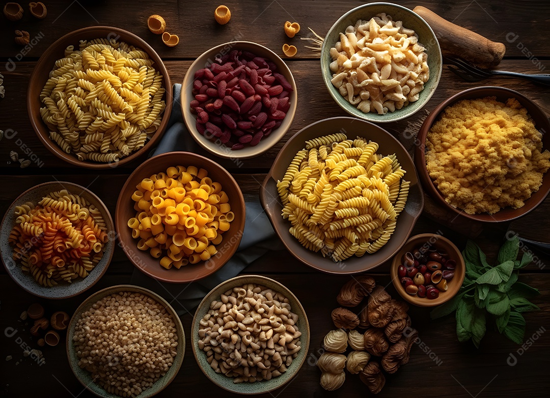 Diferentes variedades de macarrão em tigelas sobre a mesa