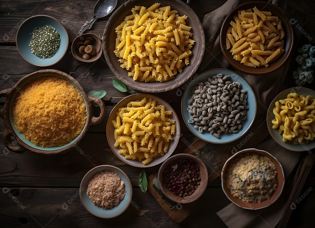 Diferentes variedades de macarrão em tigelas sobre a mesa
