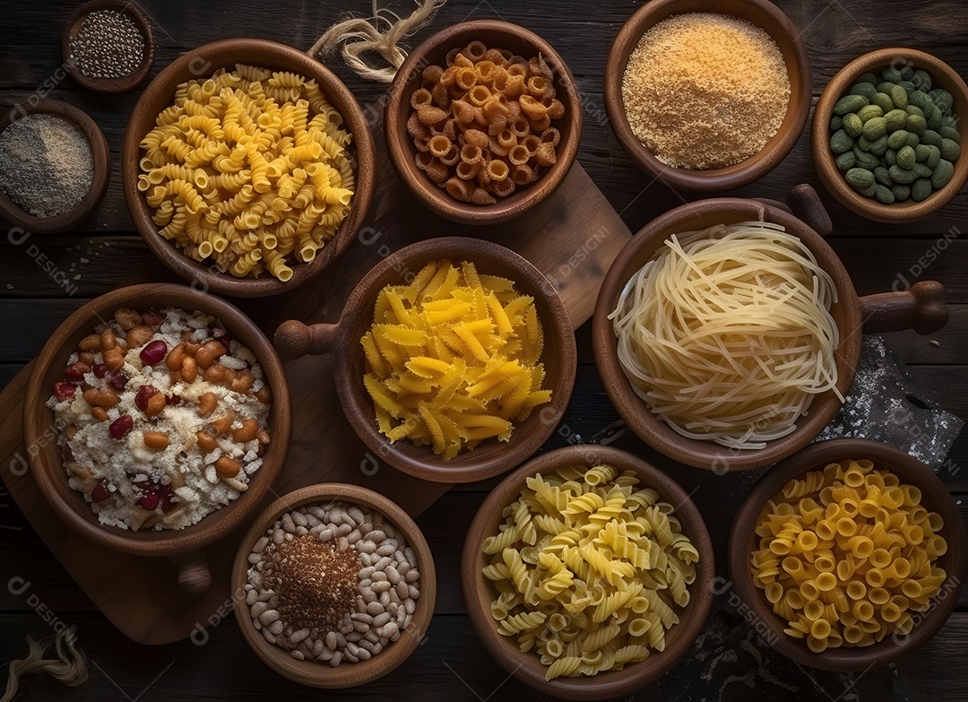 Diferentes variedades de macarrão em tigelas sobre a mesa