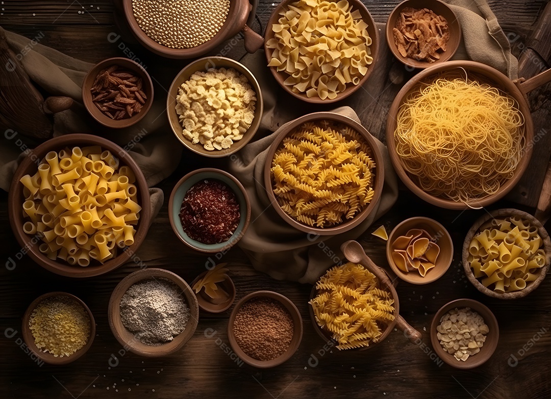 Diferentes variedades de macarrão em tigelas sobre a mesa