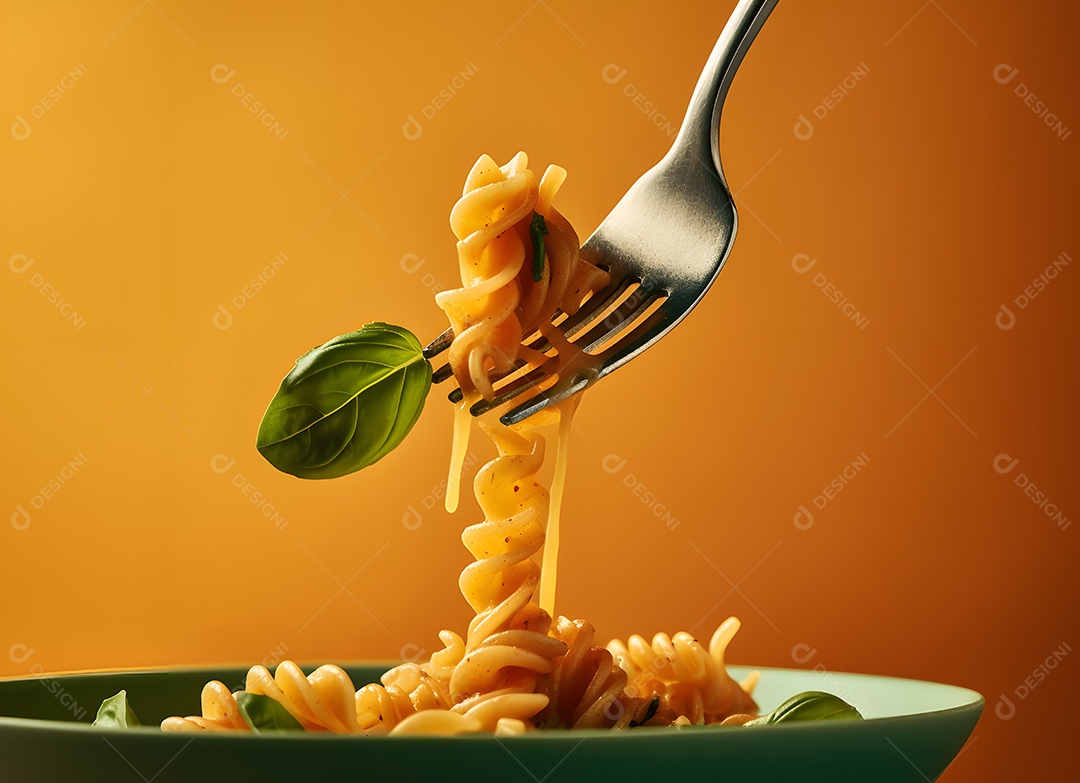 Delicioso macarrão com manjericão em fundo laranja