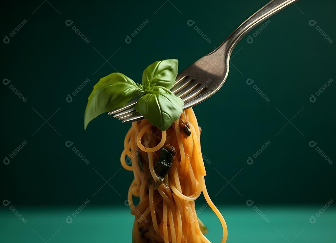 Delicioso macarrão com manjericão em fundo verde