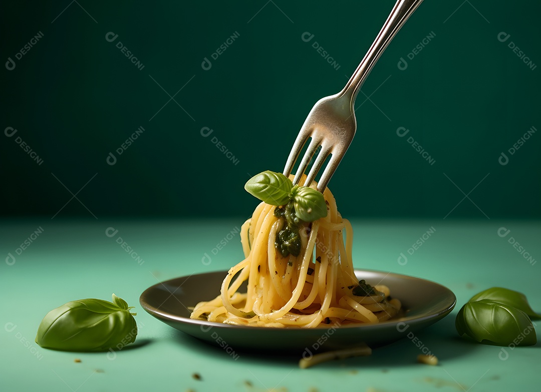 Delicioso macarrão com manjericão em fundo verde