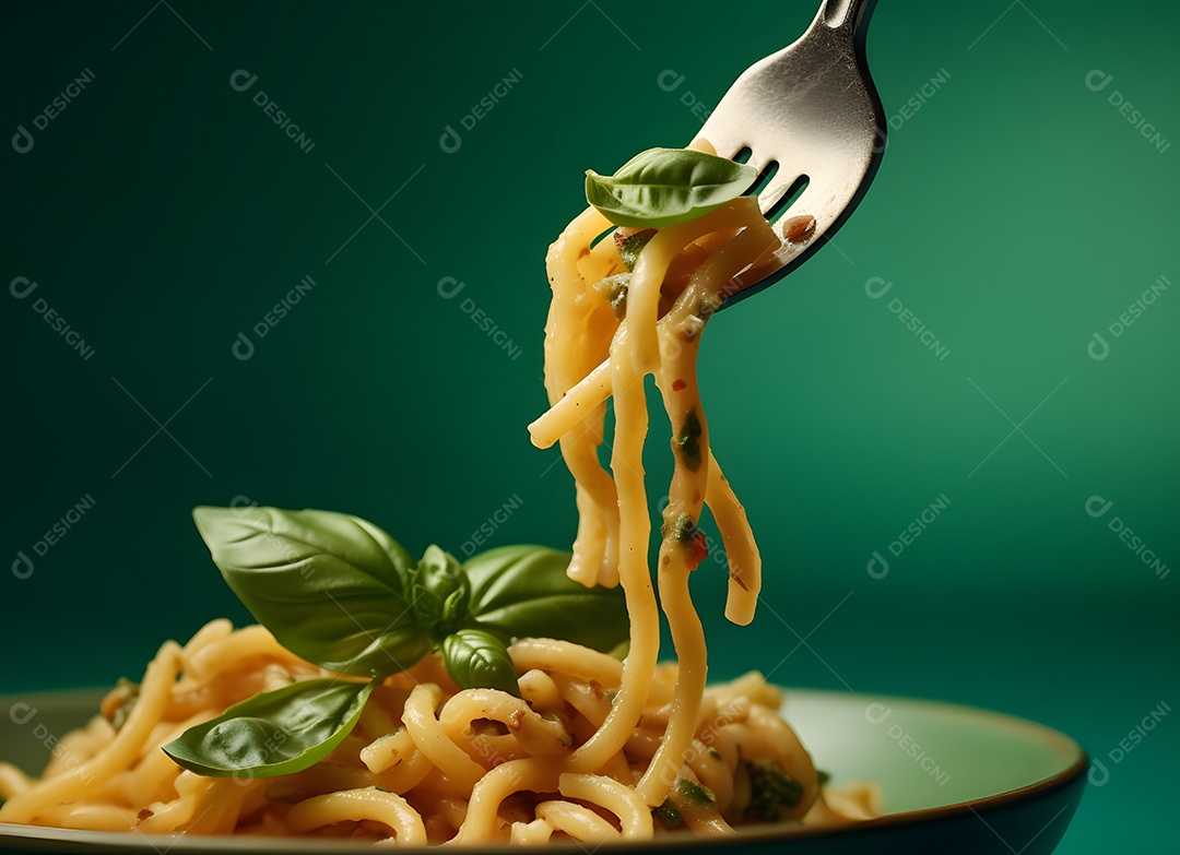 Delicioso macarrão com manjericão em fundo verde