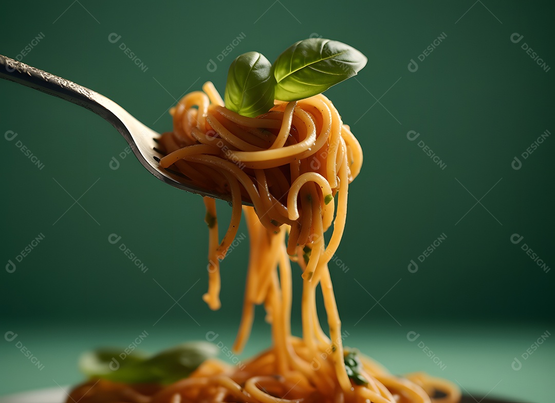 Delicioso macarrão com manjericão em fundo verde