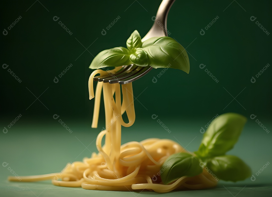 Delicioso macarrão com manjericão em fundo verde