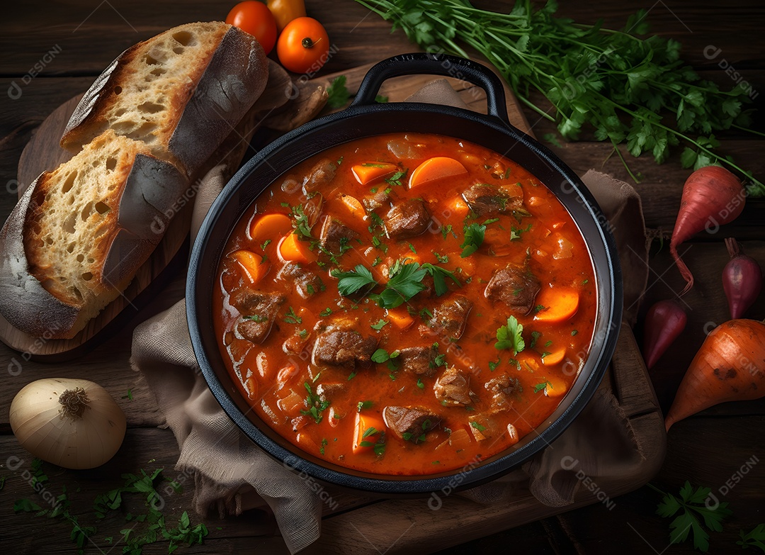 Deliciosa sopa de carne com cheiro verde