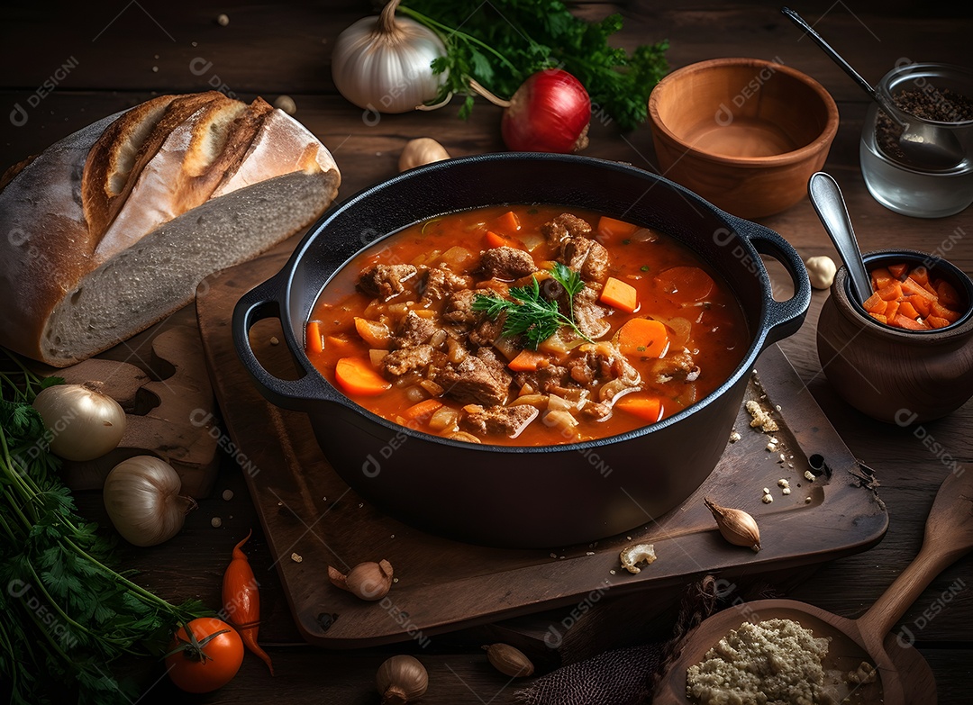 Deliciosa sopa de carne com cheiro verde