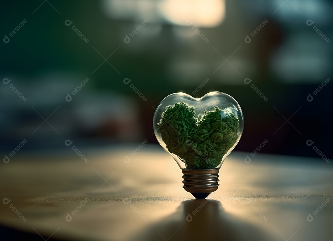 Pequena lâmpada em forma de coração com folhas verdes, conceito Dia da Terra