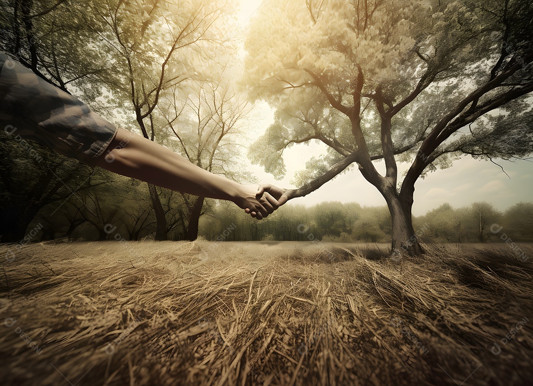 Mão de raízes segurando mão humana, conceito Dia da Terra