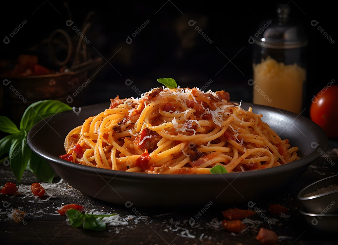 Delicioso espaguete sobre mesa de madeira