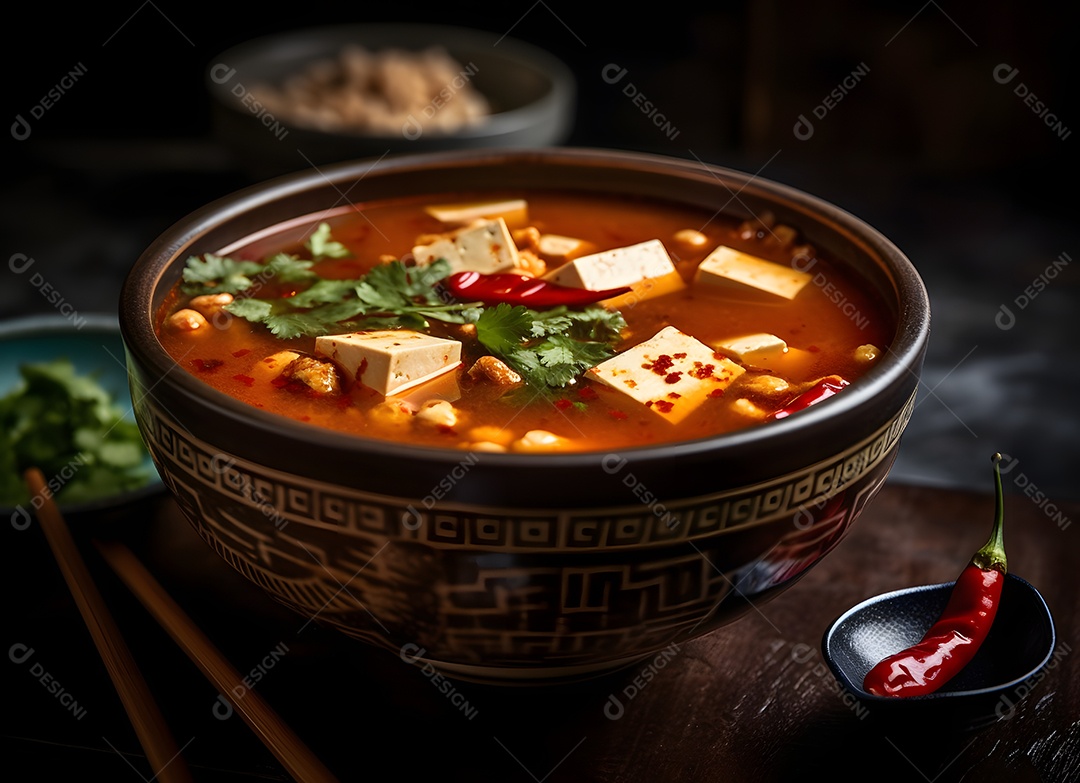 Deliciosa sopa com tofu sobre a mesa