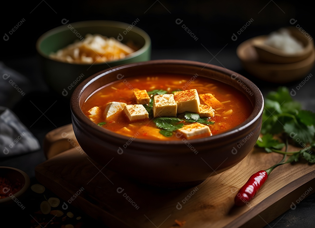 Deliciosa sopa com tofu sobre a mesa