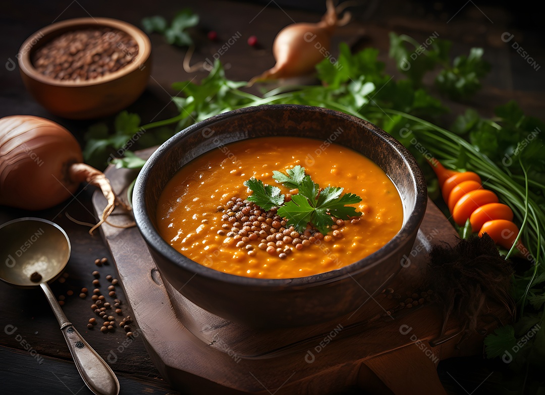 Deliciosa Sopa de Lentilha Vermelha Sobre a Mesa