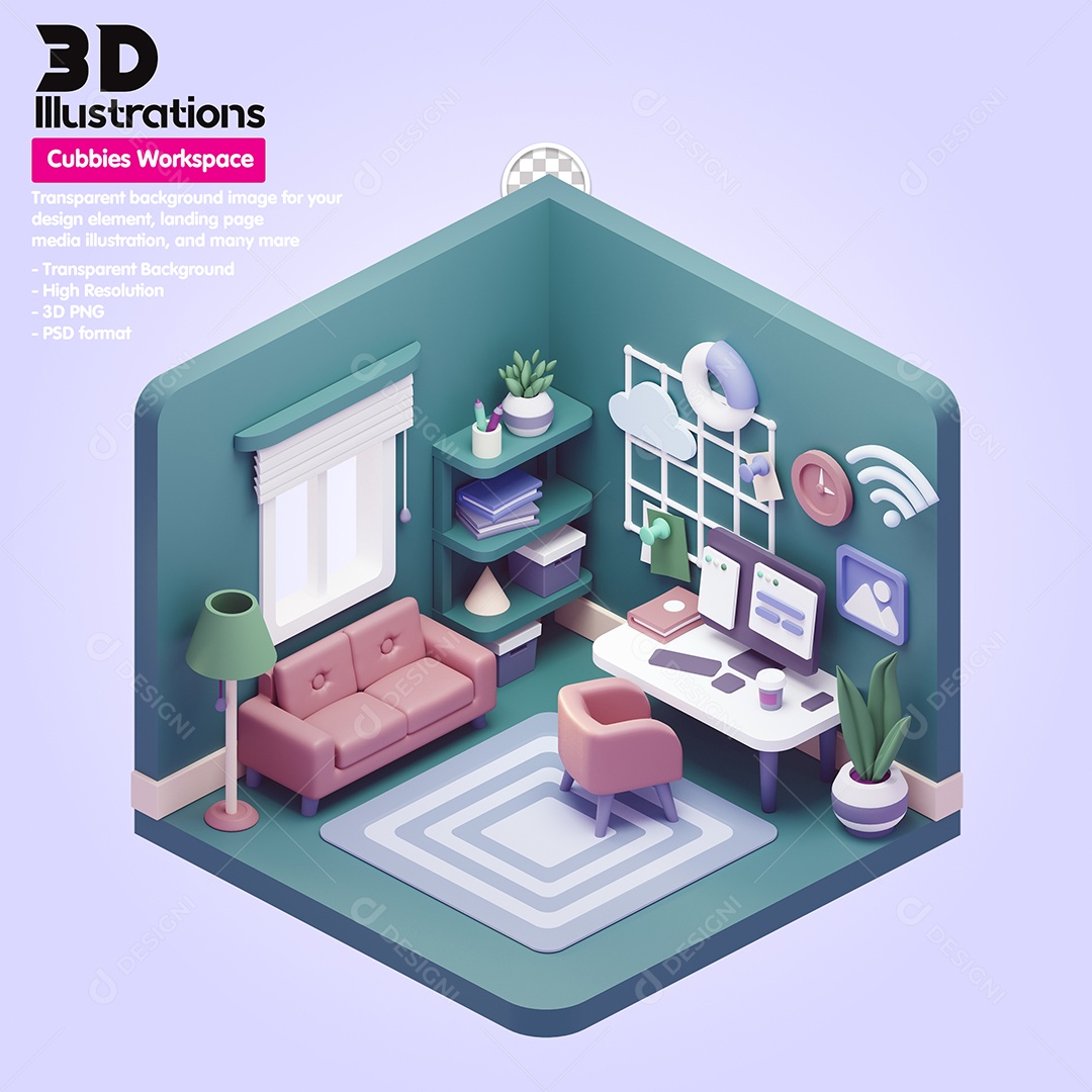 Cubículo De Trabalho Home Office Elemento 3D Para Composição PSD