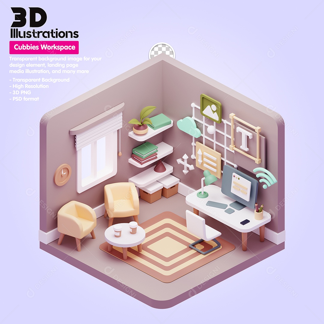 Cubículo De Trabalho Home Office Elemento 3D Para Composição PSD