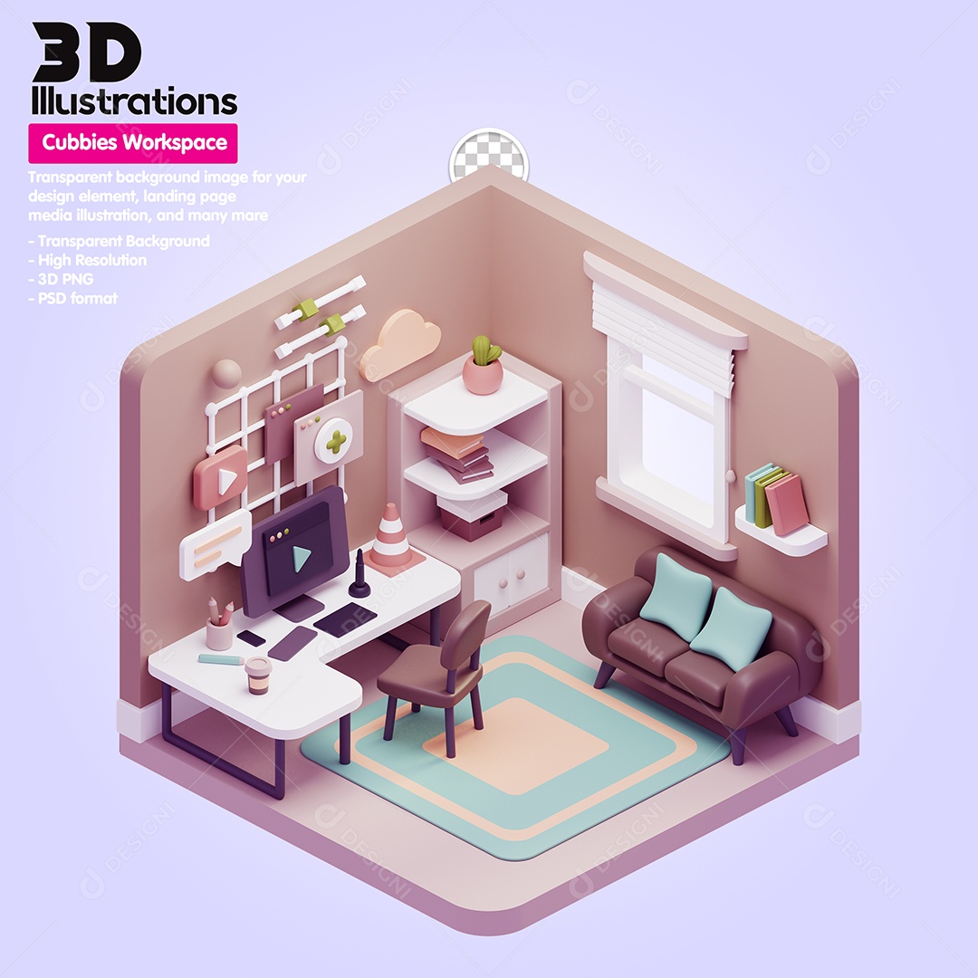 Cubículo De Trabalho Home Office Elemento 3D Para Composição PSD
