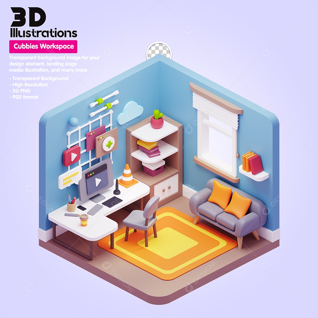 Cubículo De Trabalho Home Office Elemento 3D Para Composição PSD