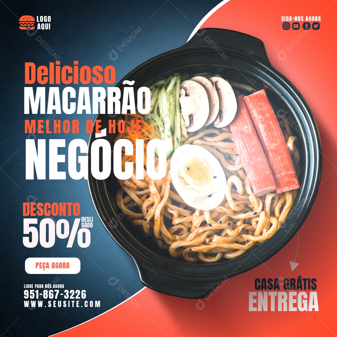 Social Media Macarrão Delicioso Restaurante PSD Editável