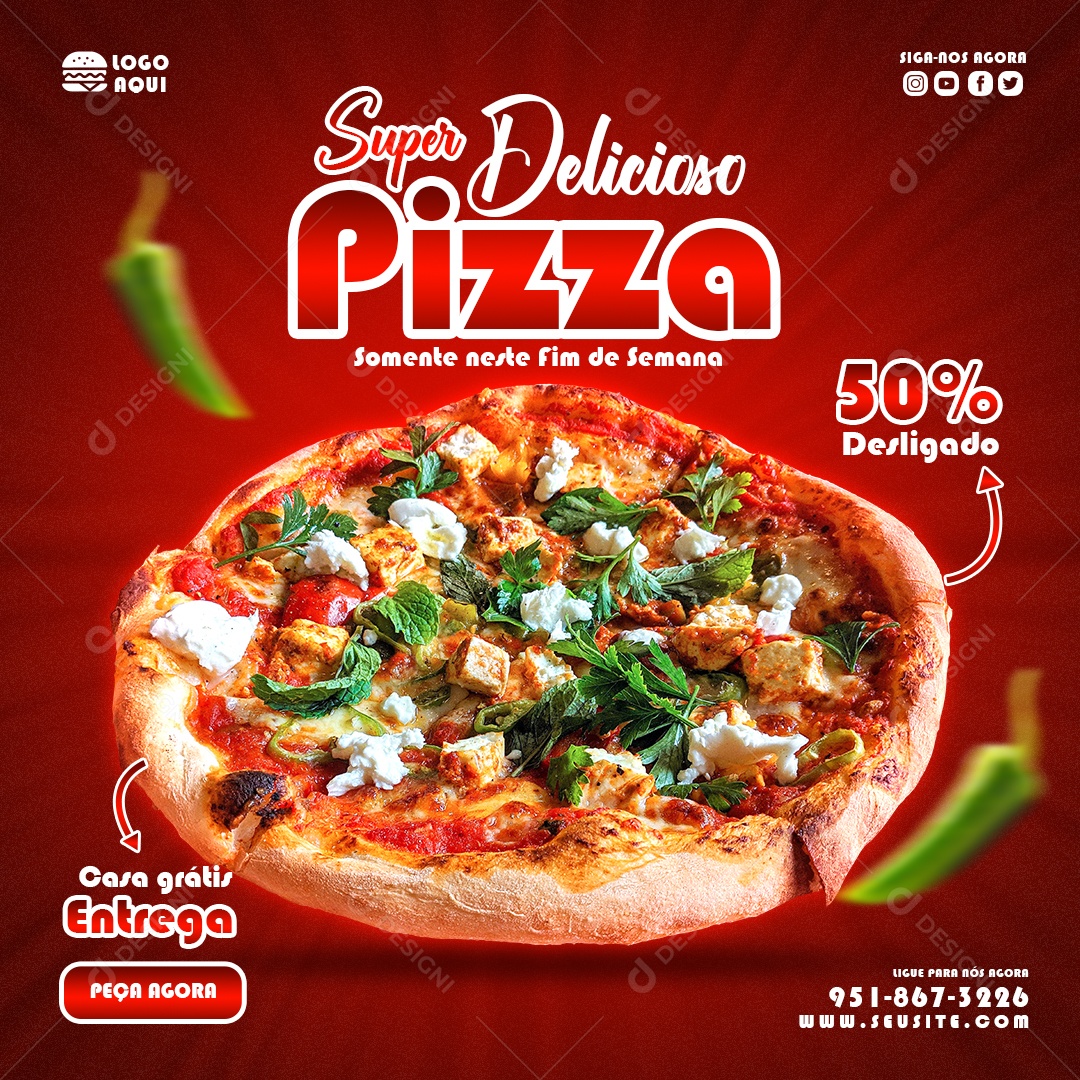 Social Media Super Deliciosa Pizza Entrega Grátis PSD Editável